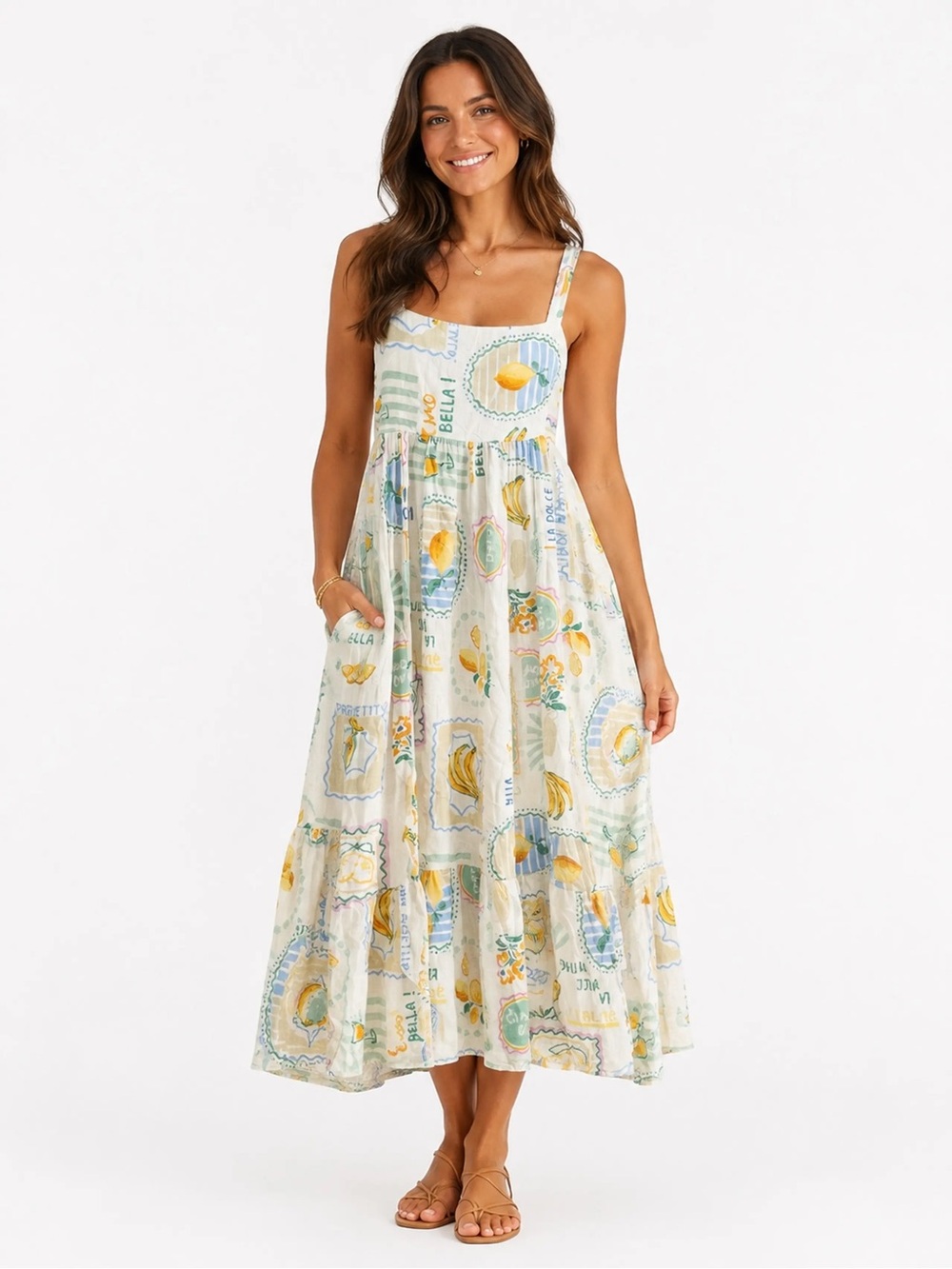 Anthropologie Cream Maxi Dress with Yellow Lemon & Light Blue Accents